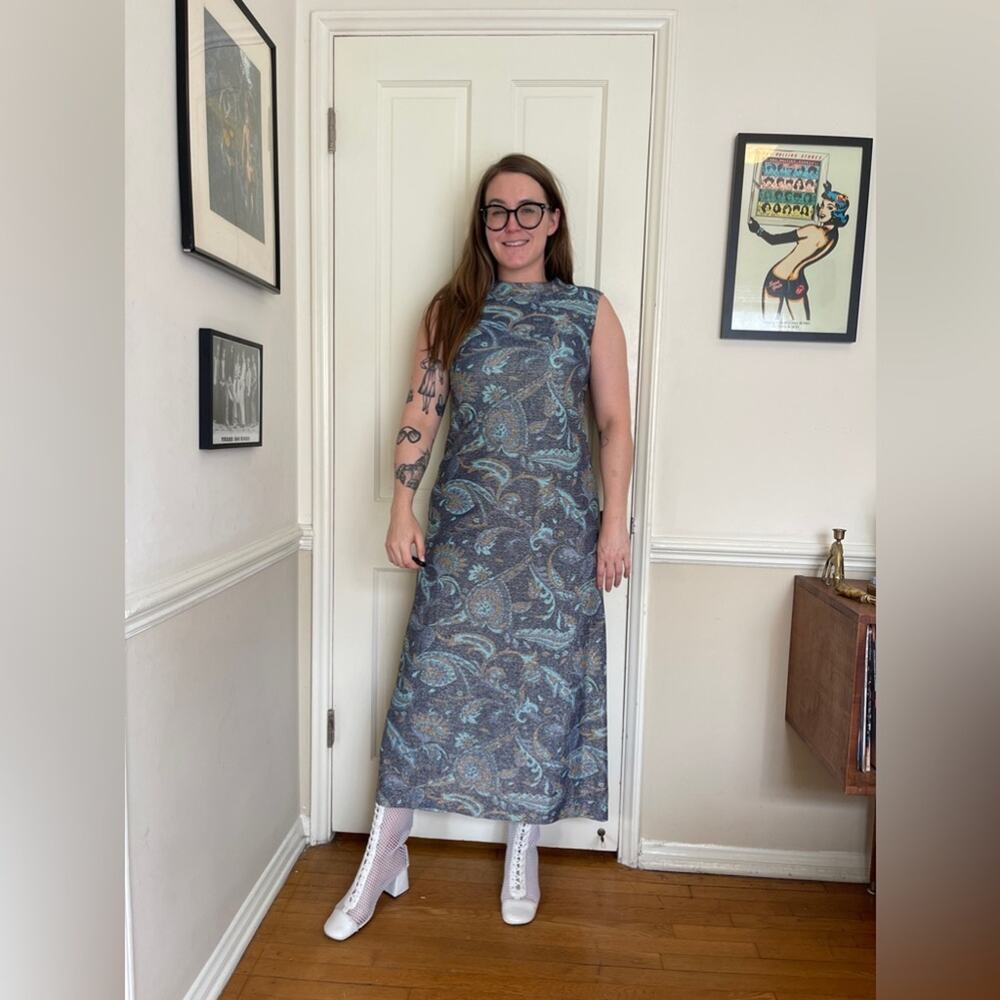 60s-70s Blue Paisley Lurex Hostess Dress